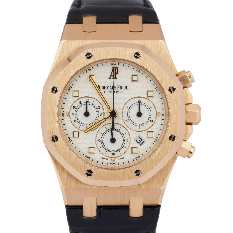 Audemars Piguet Royal Oak Chronograph 18k Rose Gold Black Leather 39mm 26022OR