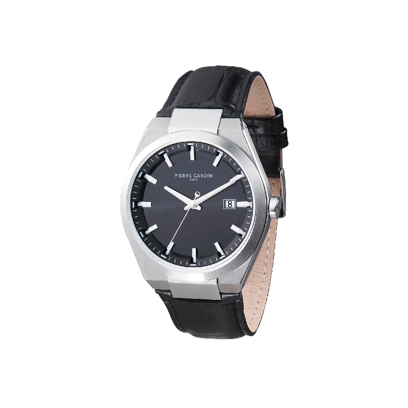 Batignolles Robust Stainless Steel watch with Black Dial with Black Leather Strap