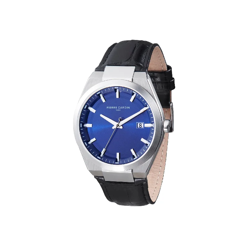 Batignolles Robust Stainless Steel watch with Blue Dial and Black leather Strap