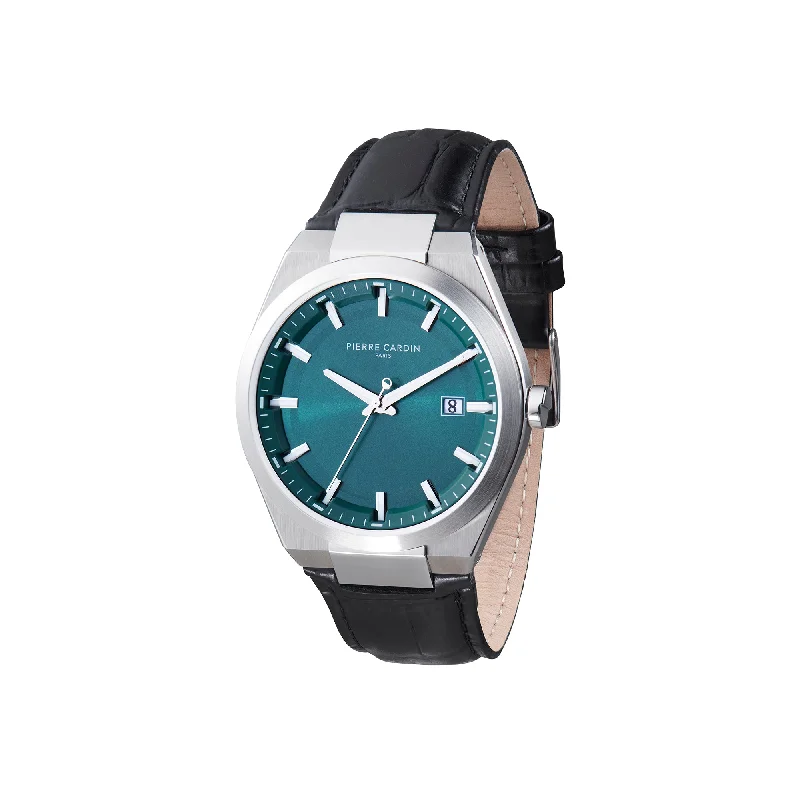 Batignolles Robust Stainless Steel watch with Green Dial and Black Leather Strap