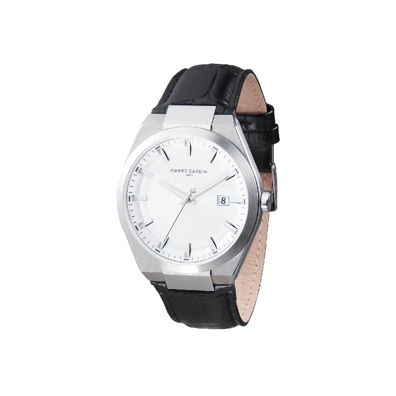 Batignolles Robust Stainless Steel watch with Silver White Dial and Black Leather Strap