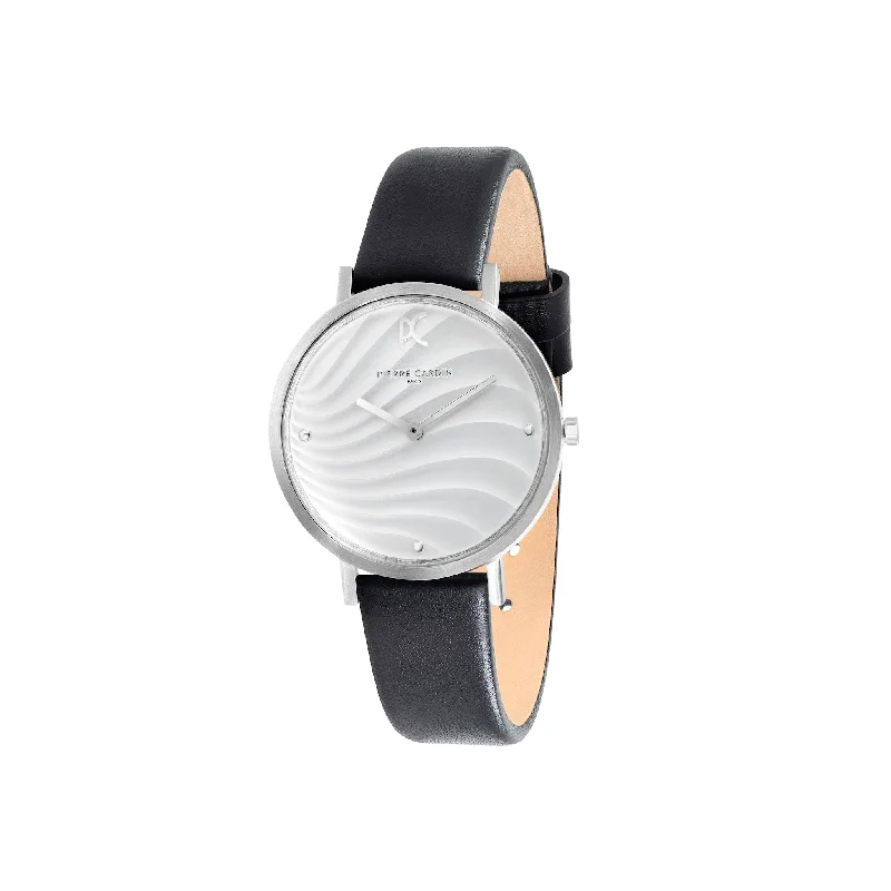 Belleville Patterned Dial Silver Watch with Black Leather Strap