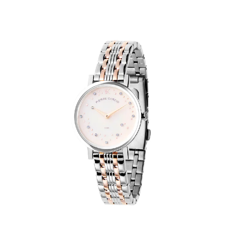 Canal St Martin Circles Two Tone Rose Gold and Steel Watch with Crystals and Pink Dial