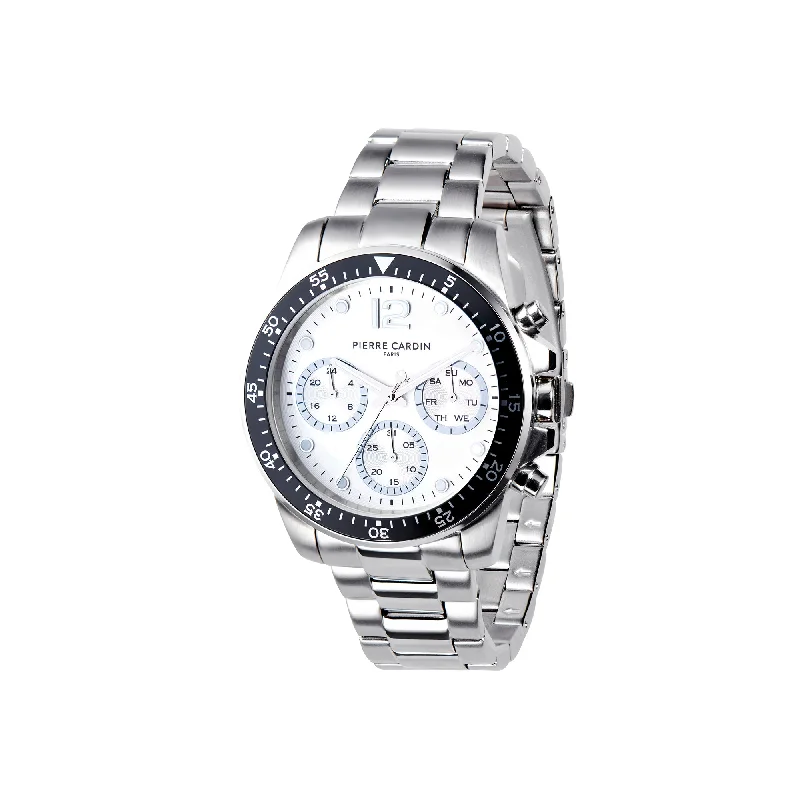 Nation Swank Multifunction watch with White Dial and Black Bezel with a Metal Links Strap