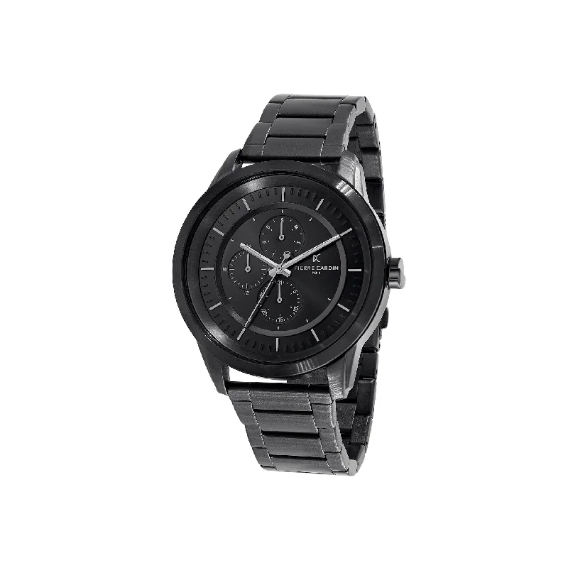 Les Halles Black Dial black Multifunction Watch with Black Metal Link Strap