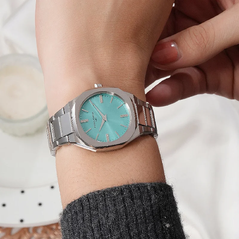 Élysée Chrysanthème Ladies’ Watch - Silver Case, Tiffany Blue Dial with Stainless Steel Band