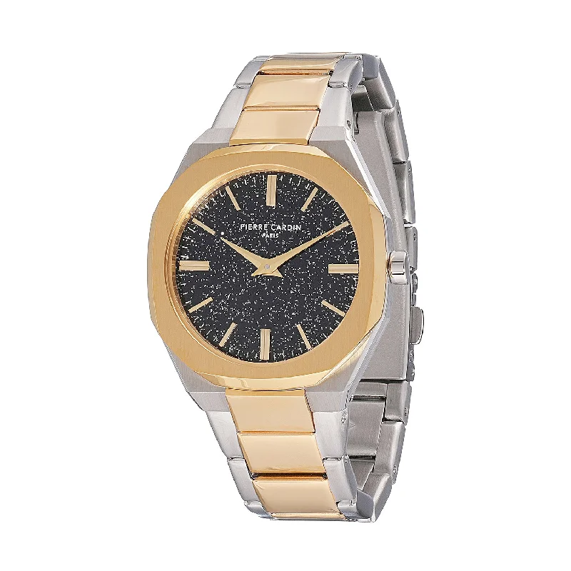 Élysée Chrysanthème Ladies’ Watch - Two-Tone Gold & Silver Case, Black Sparkle Dial with Two-Tone Stainless Steel Band