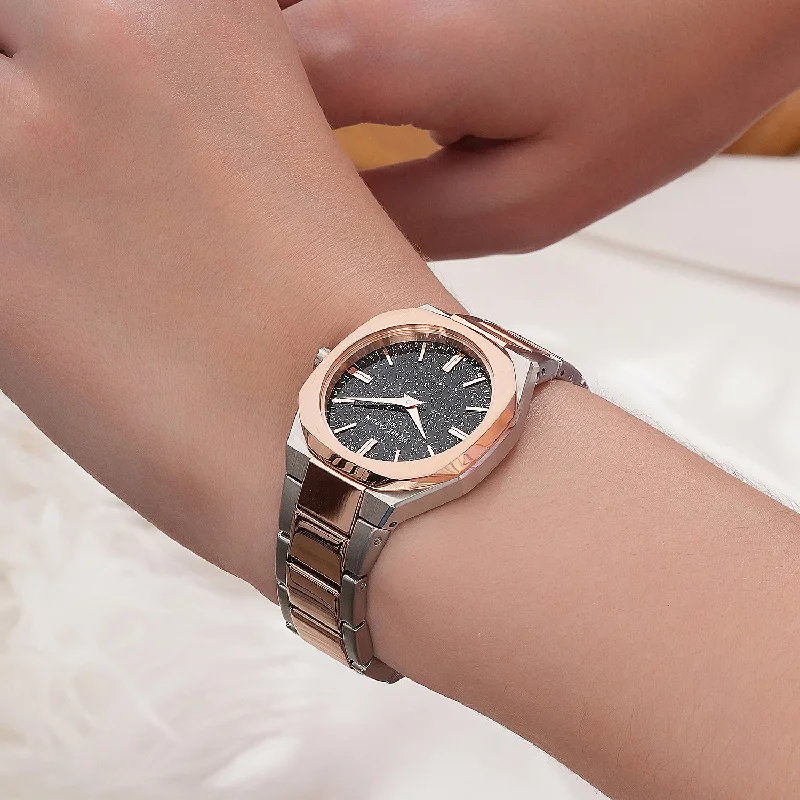 Élysée Chrysanthème Ladies’ Watch - Two-Tone Rose Gold & Silver Case, Black Sparkle Dial with Two-Tone Metal Strap