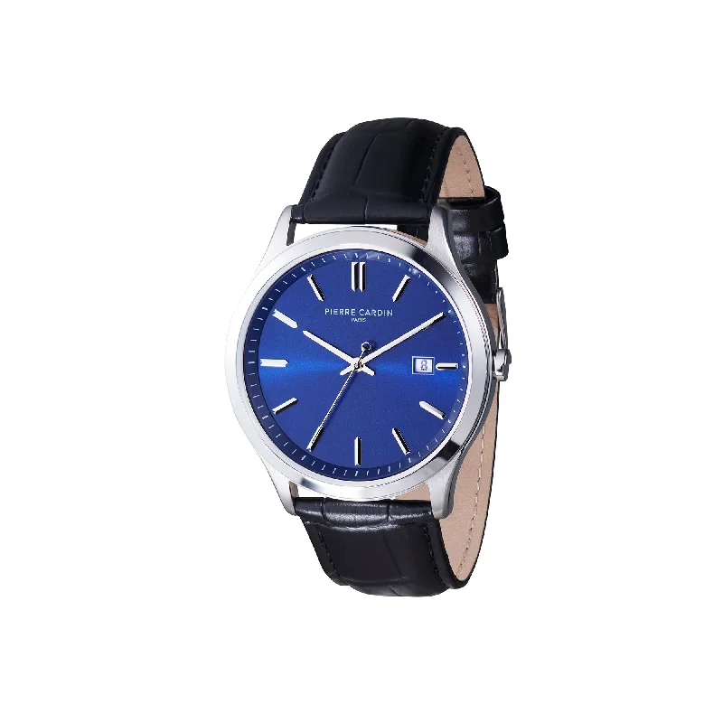 Épinettes Essential Stainless Steel Watch with Blue Dial and Black Leather Strap