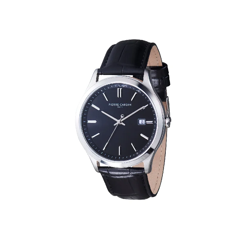 Épinettes Essential Stainless Steel Watch with Black Dial and Black Leather Strap