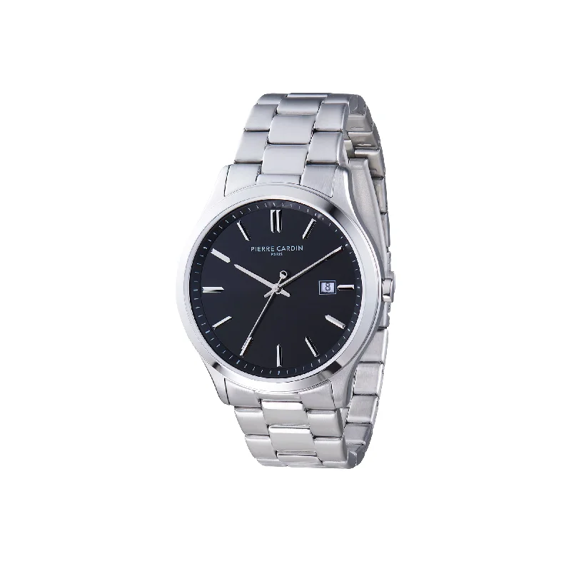 Épinettes Essential Stainless Steel Watch with Black Dial and Metal Links Strap