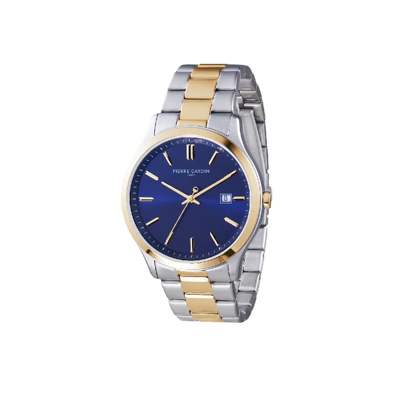 Épinettes Essential Two Tone Gold and Steel Watch with Blue Dial and Metal Links Strap