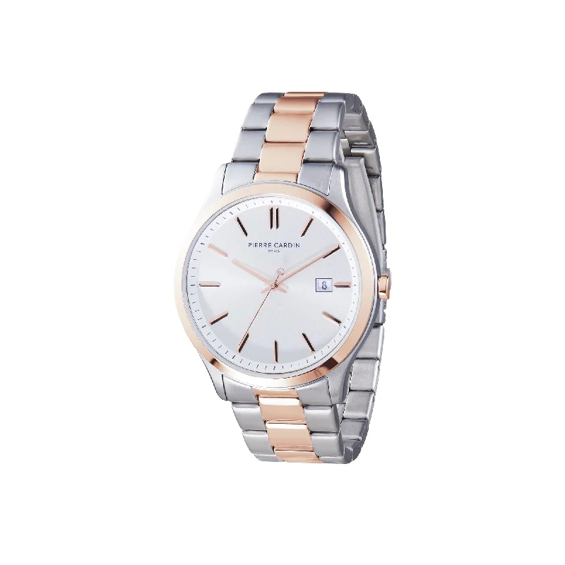 Épinettes Essential Two Tone Rose Gold and Steel Watch with Silver Dial and Metal Links Strap