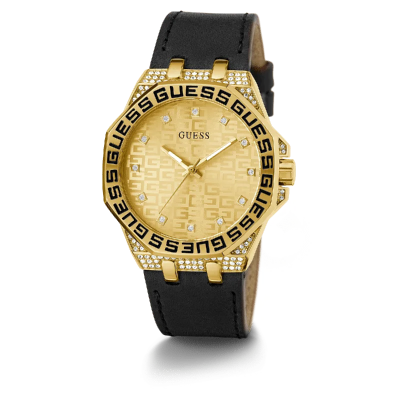 GUESS Ladies Black Gold Tone Analog Watch