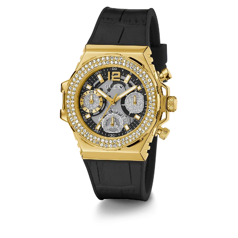 GUESS Ladies Black Gold Tone Multi-Function Watch