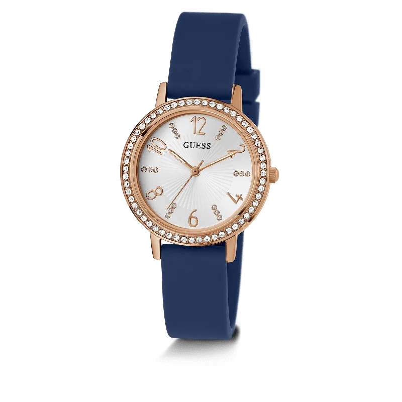 GUESS Ladies Blue Rose Gold Tone Analog Watch