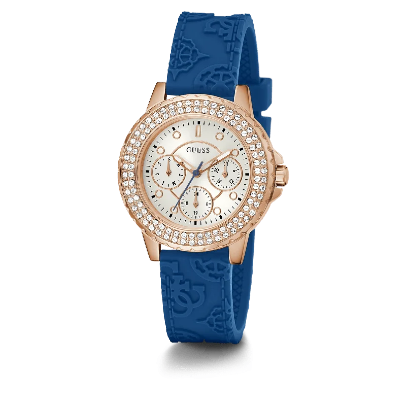 GUESS Ladies Blue Rose Gold Tone Multi-Function Watch