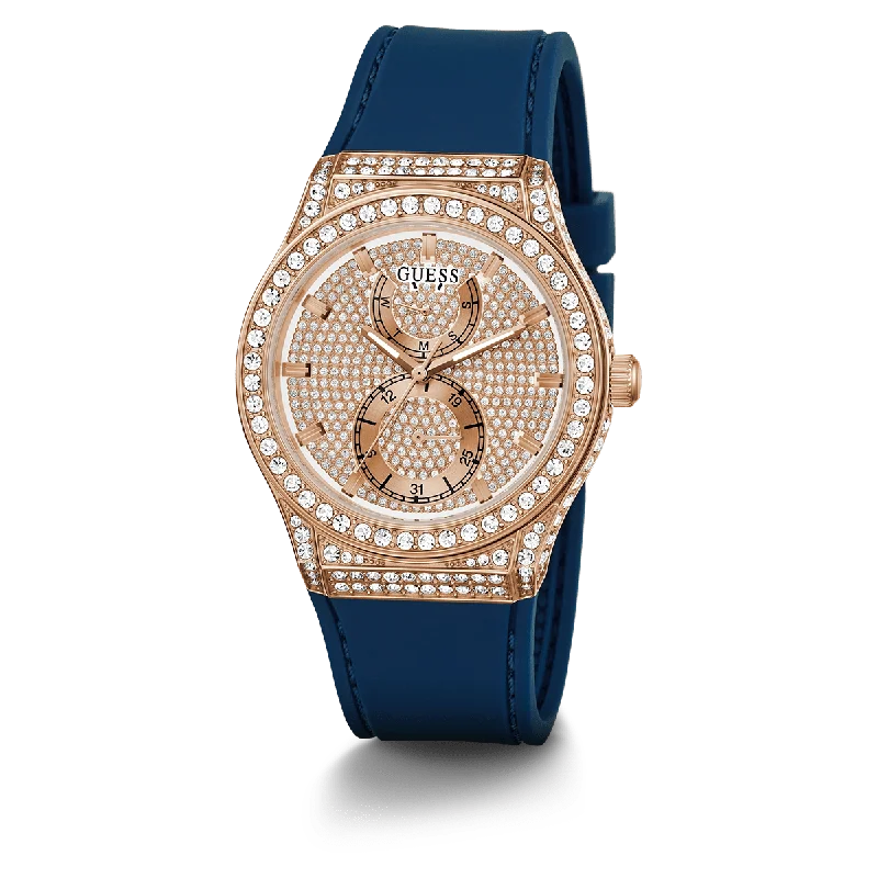 GUESS Ladies Blue Rose Gold Tone Multi-Function Watch