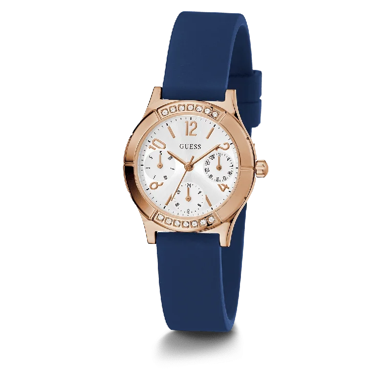 GUESS Ladies Blue Rose Gold Tone Multi-Function Watch