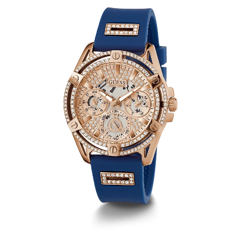 GUESS Ladies Blue Rose Gold Tone Multi-Function Watch