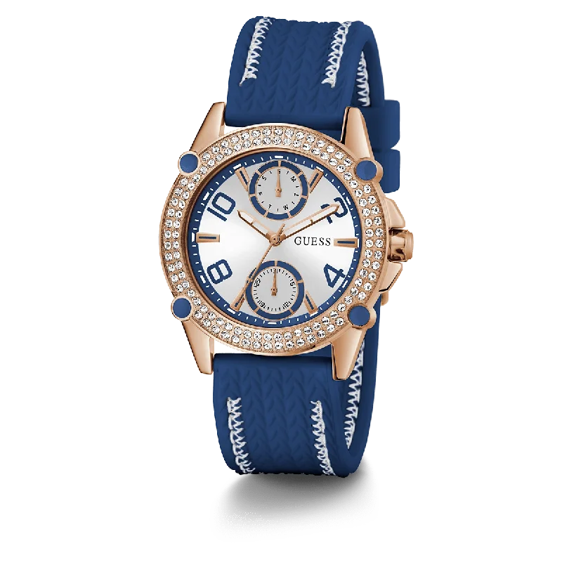 GUESS Ladies Blue Rose Gold Tone Multi-Function Watch