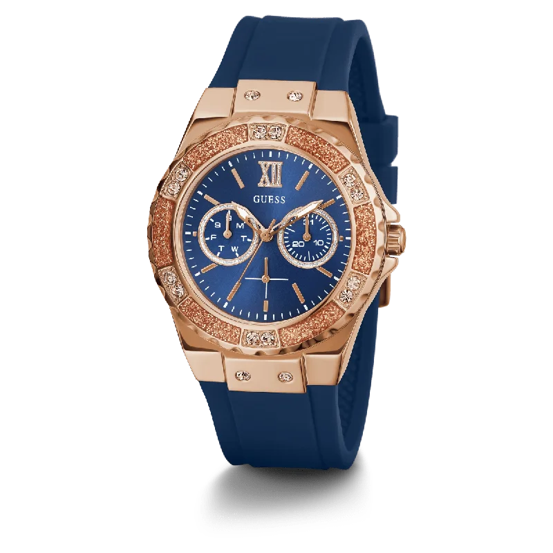 GUESS Ladies Blue Rose Gold Tone Multi-Function Watch