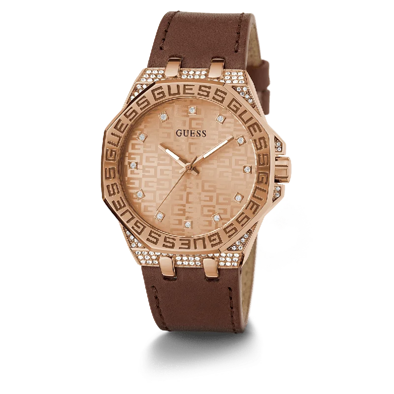 GUESS Ladies Brown Rose Gold Tone Analog Watch