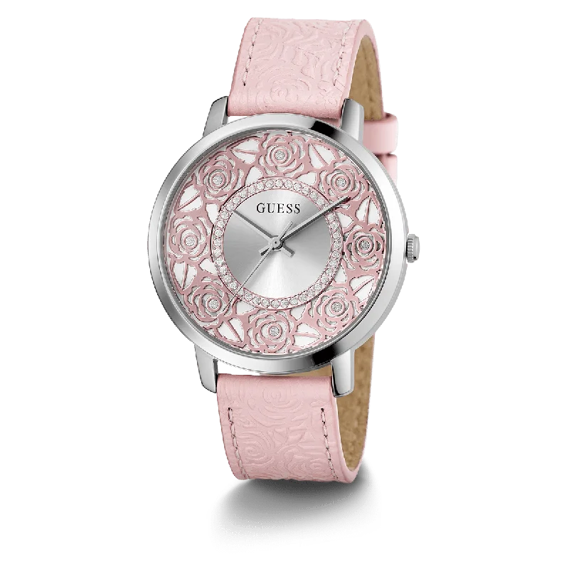 GUESS Ladies Pink Silver Tone Analog Watch