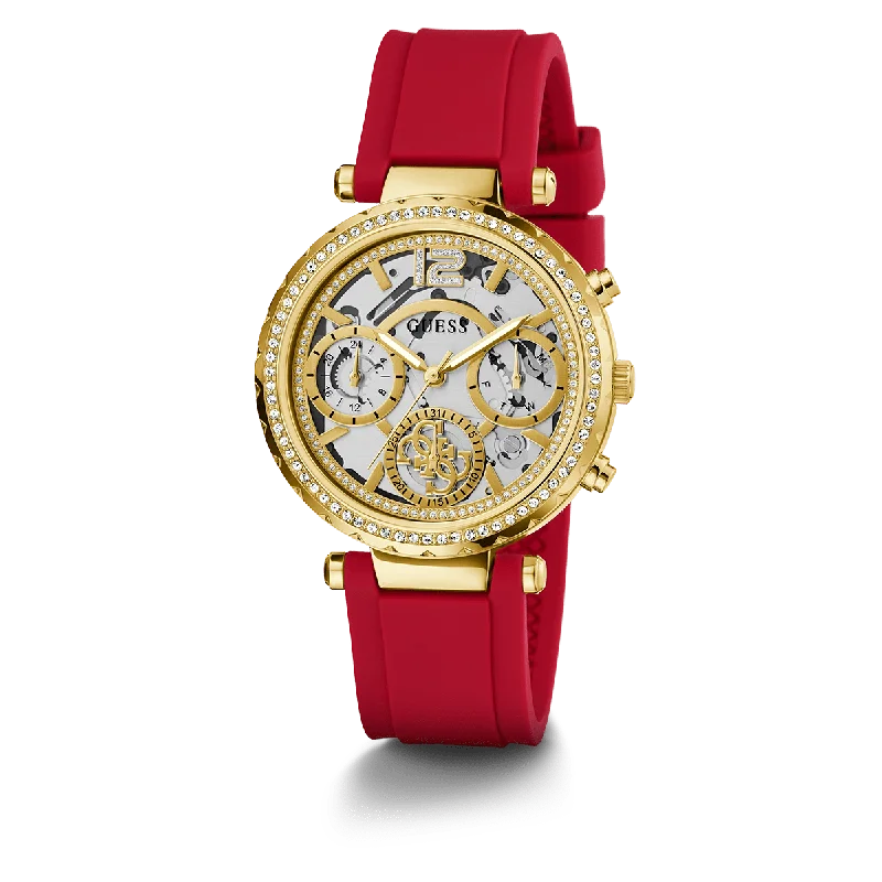 GUESS Ladies Red Gold Tone Multi-Function Watch