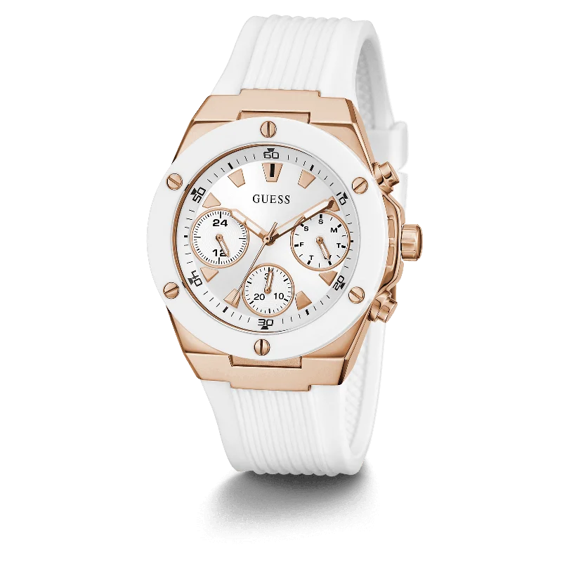 GUESS Ladies White Rose Gold Tone Multi-Function Watch