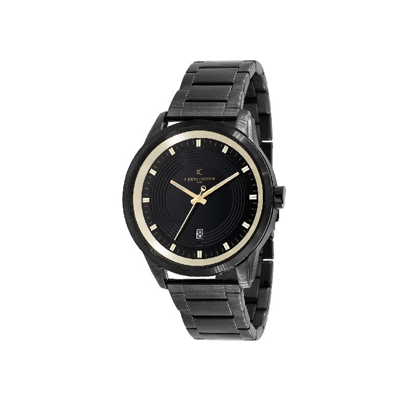 Les Halles Black Dial Black Watch with Black Metal Link Strap and Gold Detailing