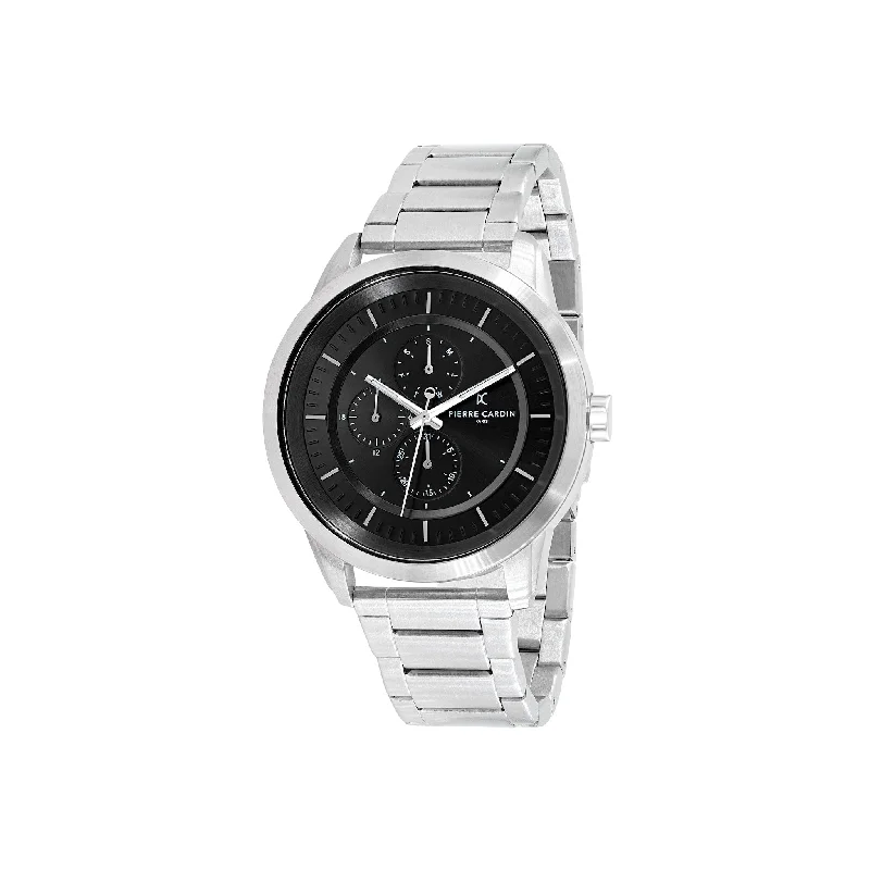 Les Halles Black Dial Silver Multifunction Watch with Silver Metal Links Strap