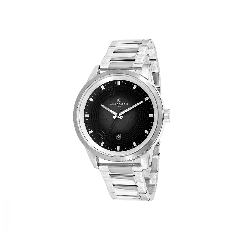 Les Halles Black Dial Silver Watch with Silver Metal Link Strap