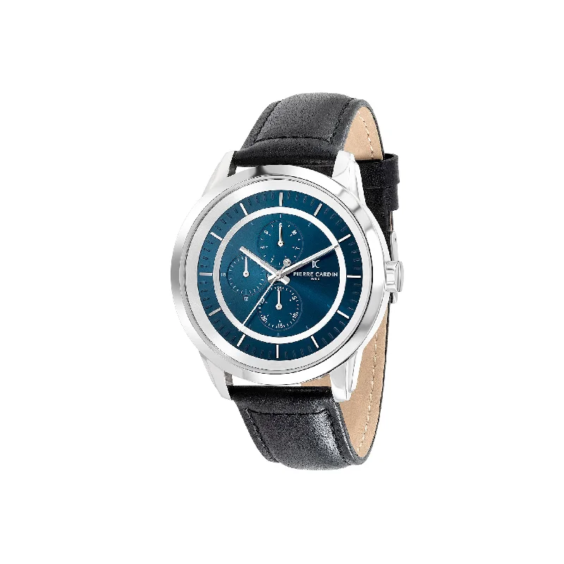 Les Halles Blue Dial Silver Multifunction Watch with Black Leather Strap