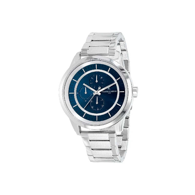 Les Halles Blue Dial Silver Multifunction Watch with Silver Metal Links Strap