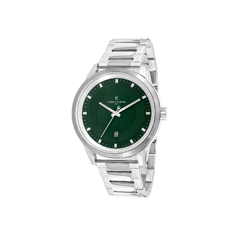 Les Halles Green Dial Silver Watch with Silver Metal Link Strap