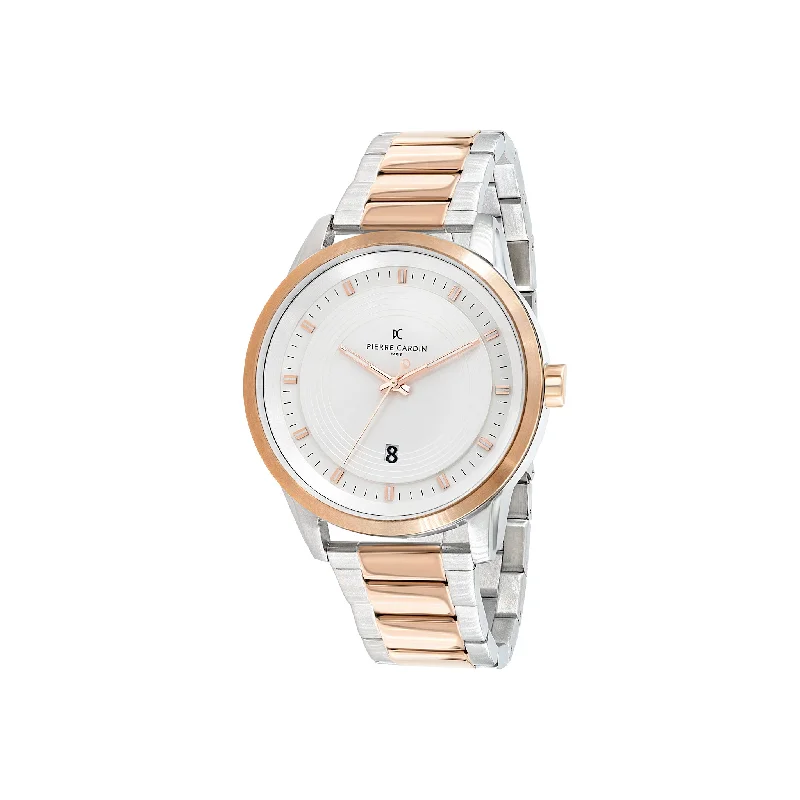 Les Halles Two Tone Rose Gold and Silver Metal Links Watch with White Dial