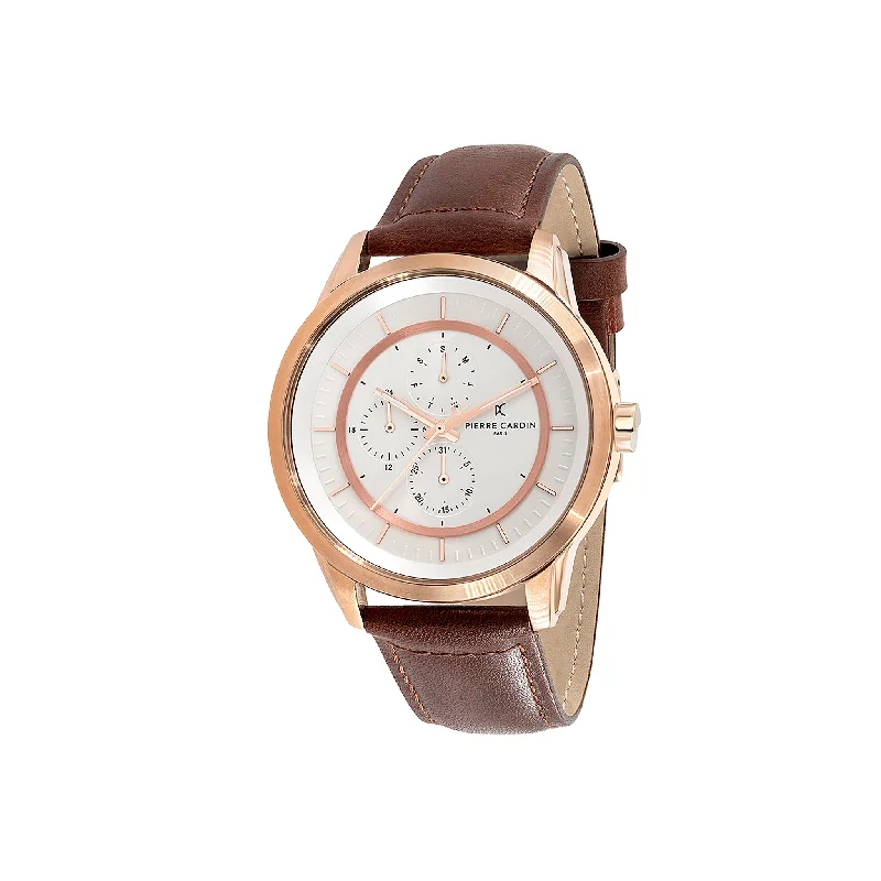 Les Halles White Dial Rose Gold Multifunction Watch with Brown Leather Strap