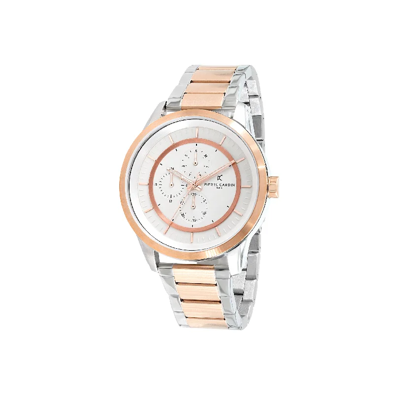 Les Halles White Dial Two Tone Rose Gold and Silver Multifunction Watch with Metal Links Strap