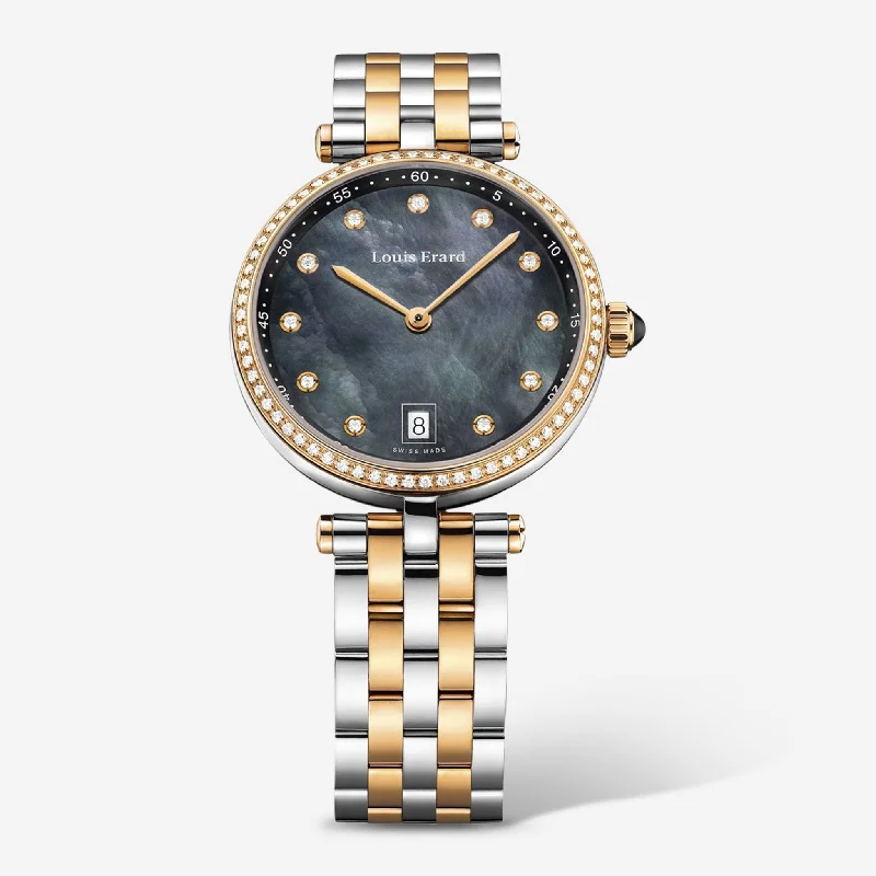 Louis Erard Romance Diamond Black Mother of Pearl Dial Two-tone Stainless Steel Ladies Quartz Watch 11810SB29.BMA27