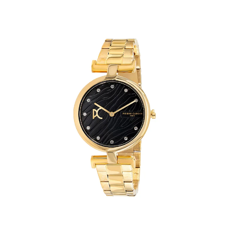 Madeleine Patterned Black Dial Gold Metal Link Band Watch