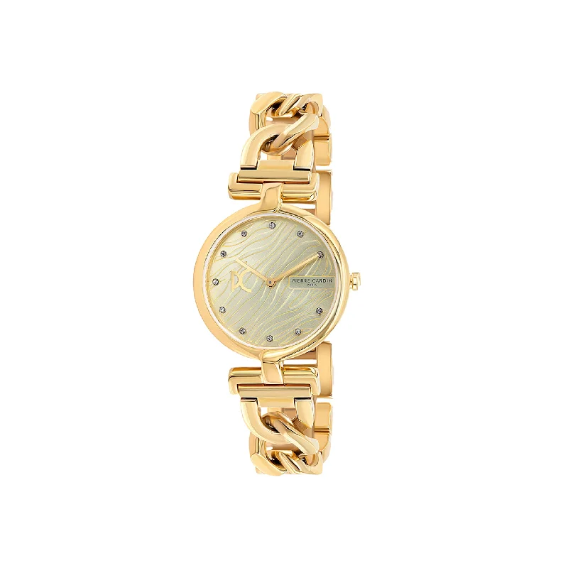 Madeleine Patterned Dial Gold Chain Link Metal Band Watch