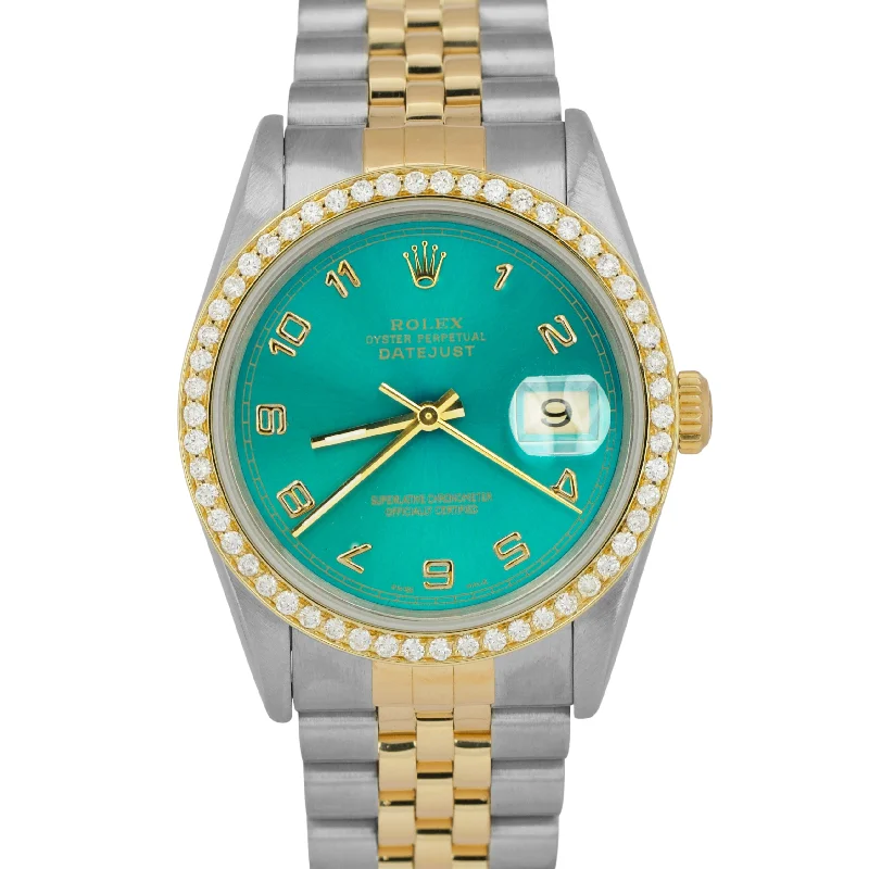 MINT Rolex DateJust 36mm GREEN ARABIC Diamond 18K Gold JUBILEE Steel 16233 Watch