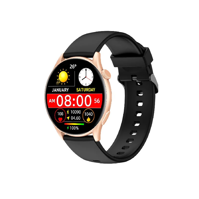 Montre Connectée 1.43" AMOLED Rosegold Case with Black Rubber Strap