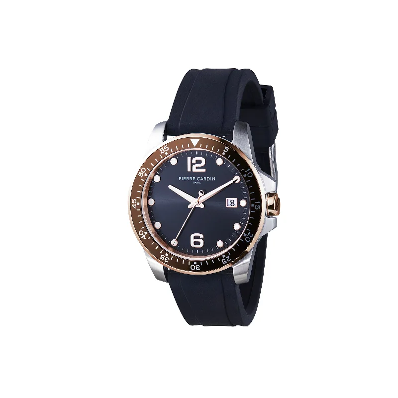 Nation Éclat Stainless Steel Watch with Rubber strap, Black Dial and Brown Bezel