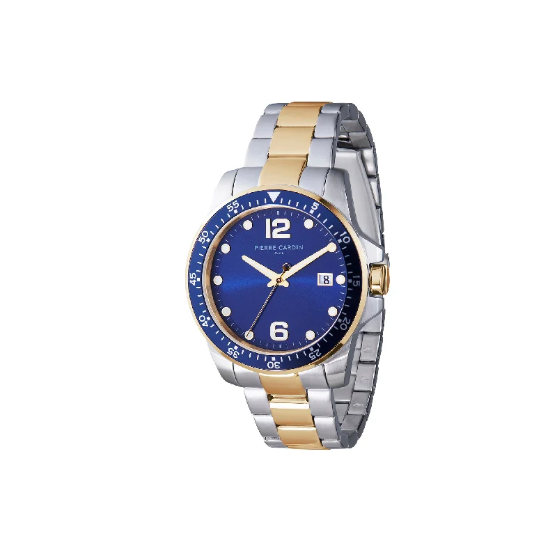 Nation Éclat Two Tone Steel and Gold Watch with Dark Blue Dial