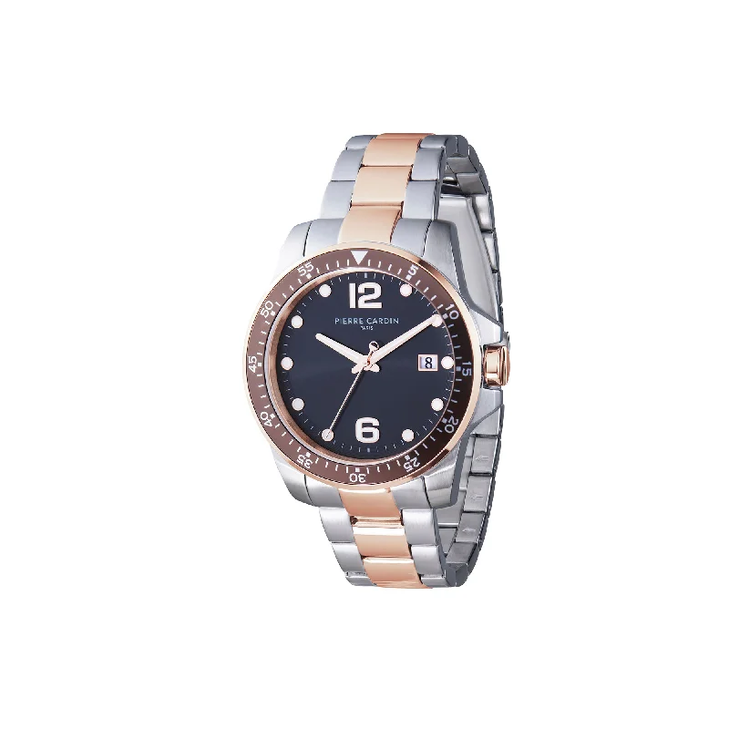 Nation Éclat Two Tone Steel and Rose Gold Watch with Black Dial