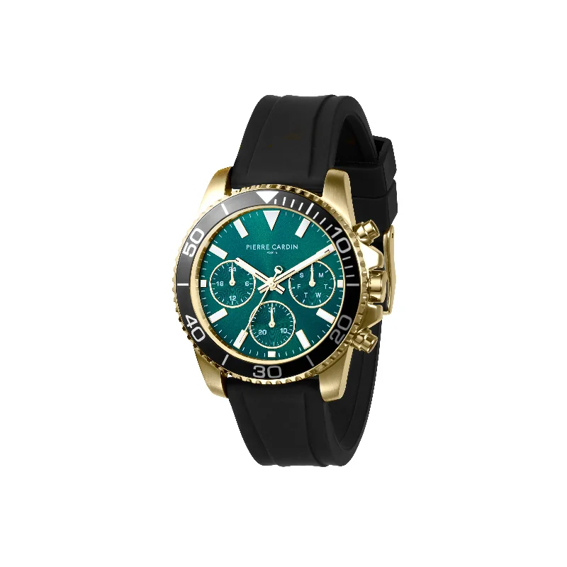 Nation Posh Multifunction Gold watch with Green Dial and Black Rubber Strap