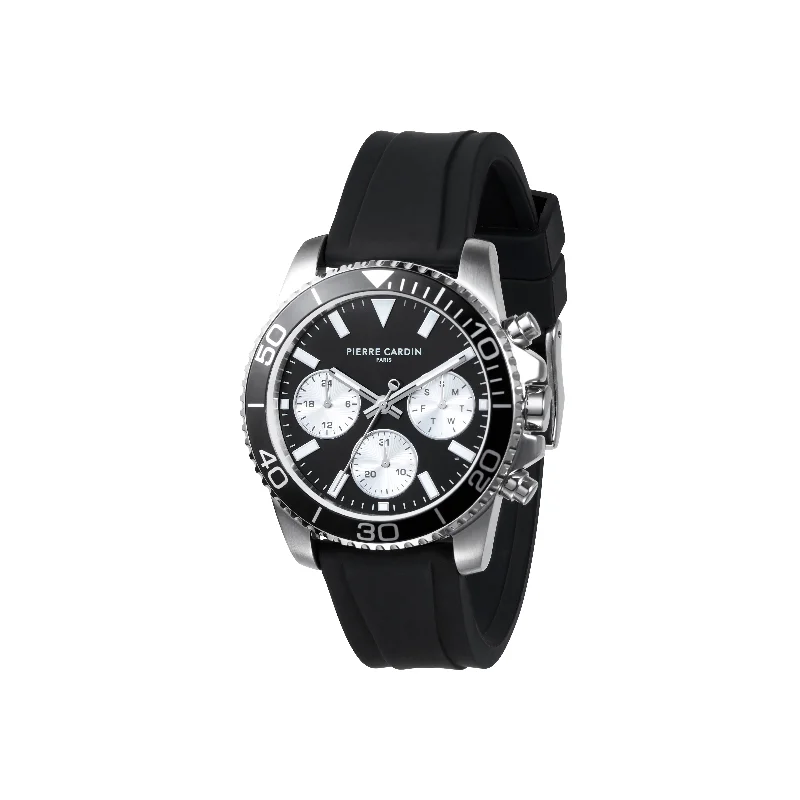 Nation Posh Multifunction watch with Black and Silver Dial and Black Rubber Strap