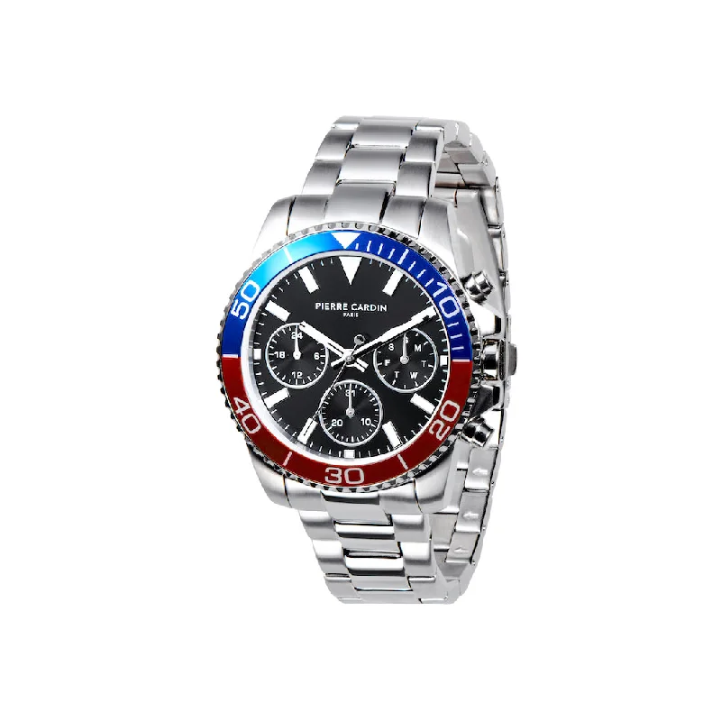 Nation Posh Multifunction watch with Black Dial and Blue Red bezel with a Metal Links Strap